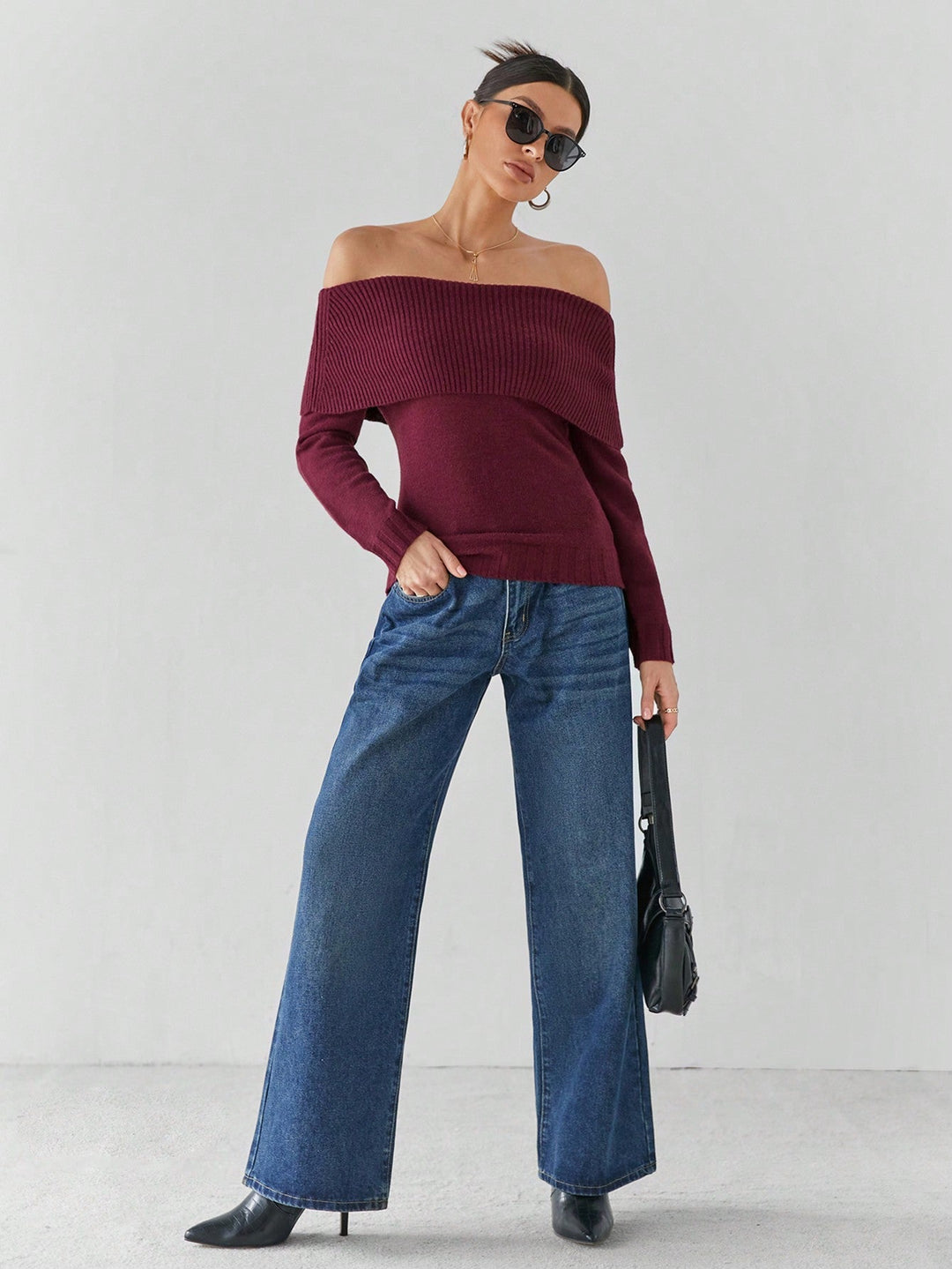 Liana Women’s Knit Sweater – Off Shoulder Long Sleeve Pullover