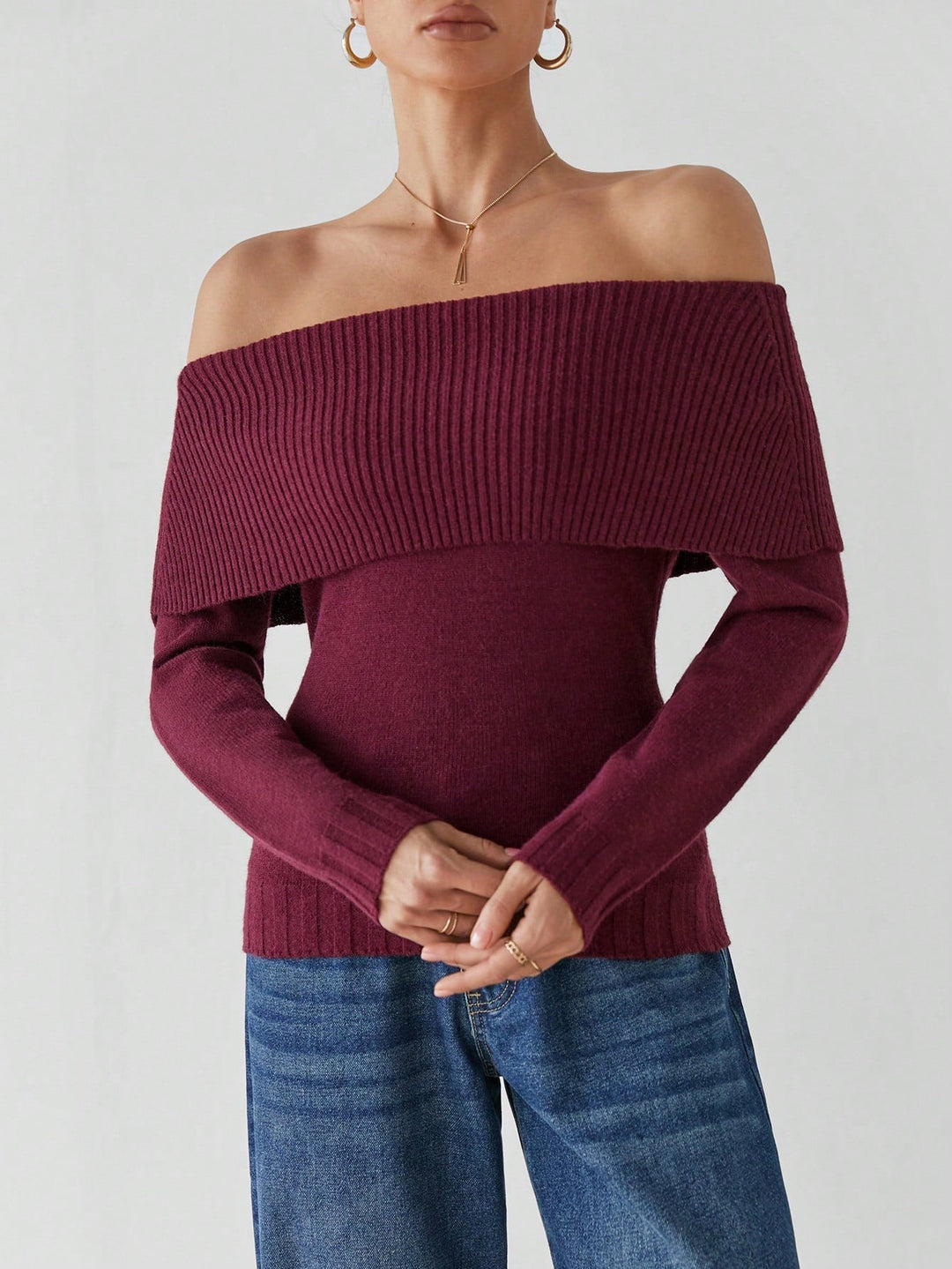 Liana Women’s Knit Sweater – Off Shoulder Long Sleeve Pullover
