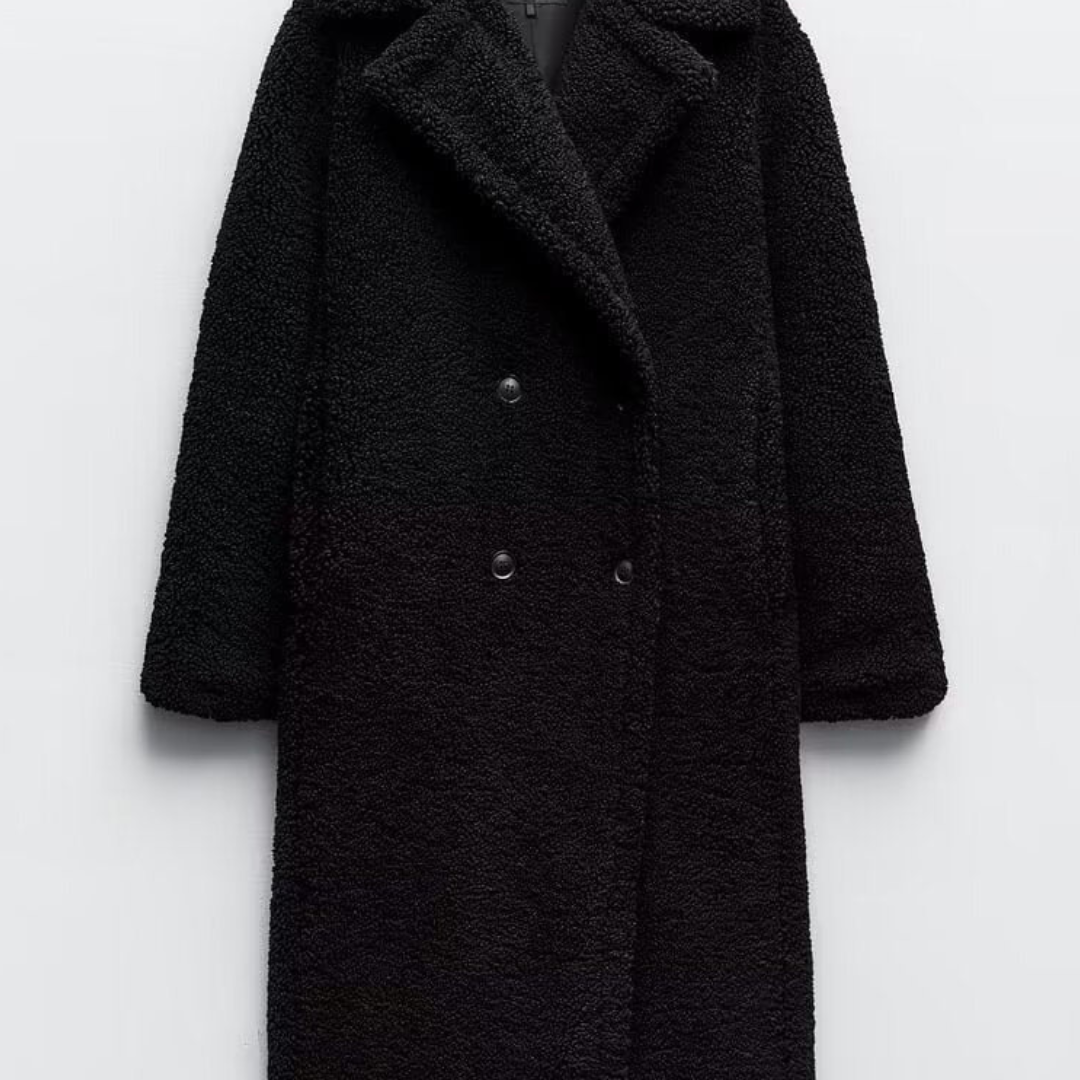 Maya Women’s Teddy Long Coat – Double Breasted Winter Jacket