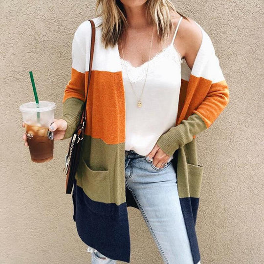 Sima Women’s Color Block Cardigan – Open Front Long Sleeve Knit