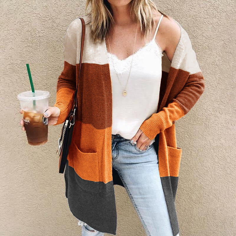 Sima Women’s Color Block Cardigan – Open Front Long Sleeve Knit