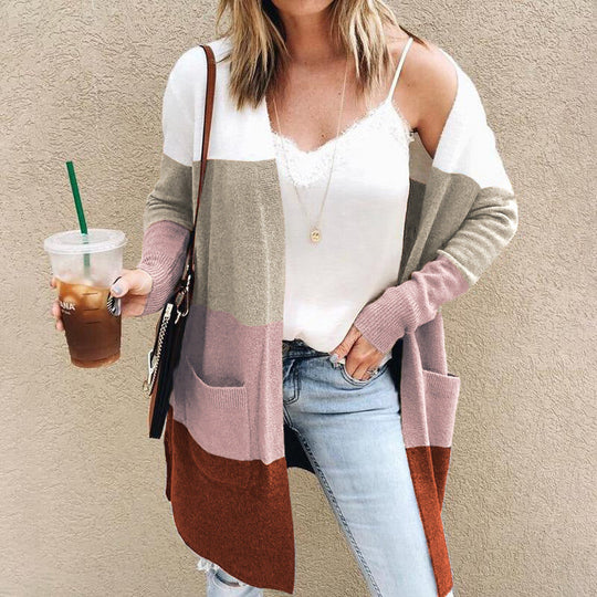 Sima Women’s Color Block Cardigan – Open Front Long Sleeve Knit