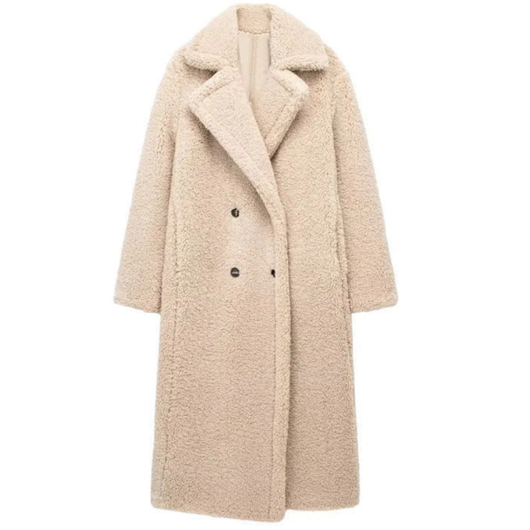 Maya Women’s Teddy Long Coat – Double Breasted Winter Jacket