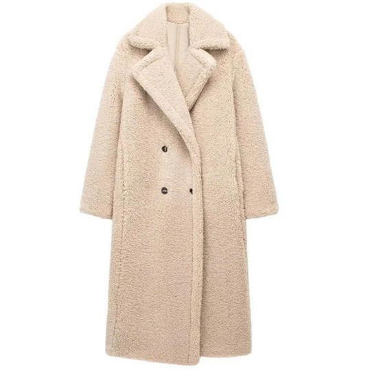 Maya Women’s Teddy Long Coat – Double Breasted Winter Jacket