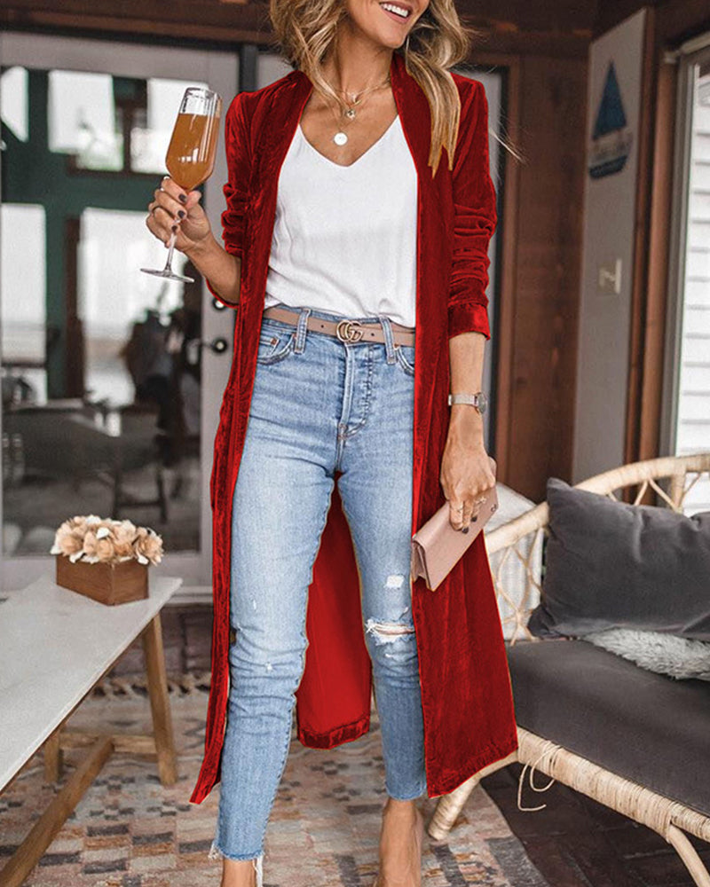 Elora Women’s Long Cardigan – Open Front Velvet Duster