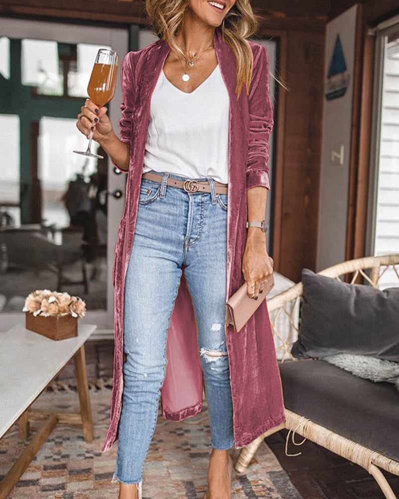 Elora Women’s Long Cardigan – Open Front Velvet Duster
