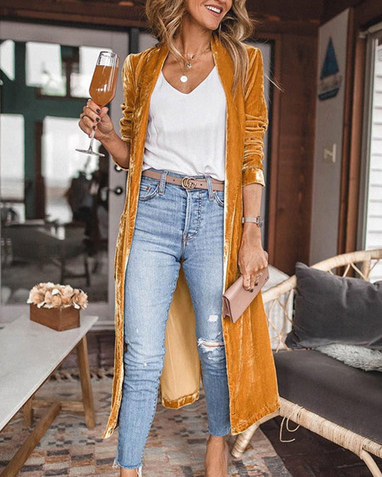 Elora Women’s Long Cardigan – Open Front Velvet Duster