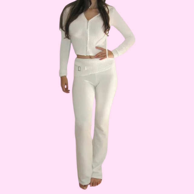 Alessia Women’s Knit Set – Cropped Cardigan and Flared Pants