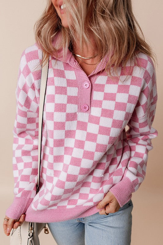 Rosalin - Women's V-Neck Sweater with Checkered Design and Buttons