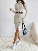 Elvira Damen Strickkleid – Langarm Rollkragen Geripptes Midikleid