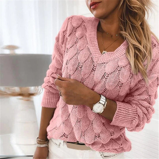 Elena Women’s Textured Knit Sweater – V-Neck Long Sleeve Pullover