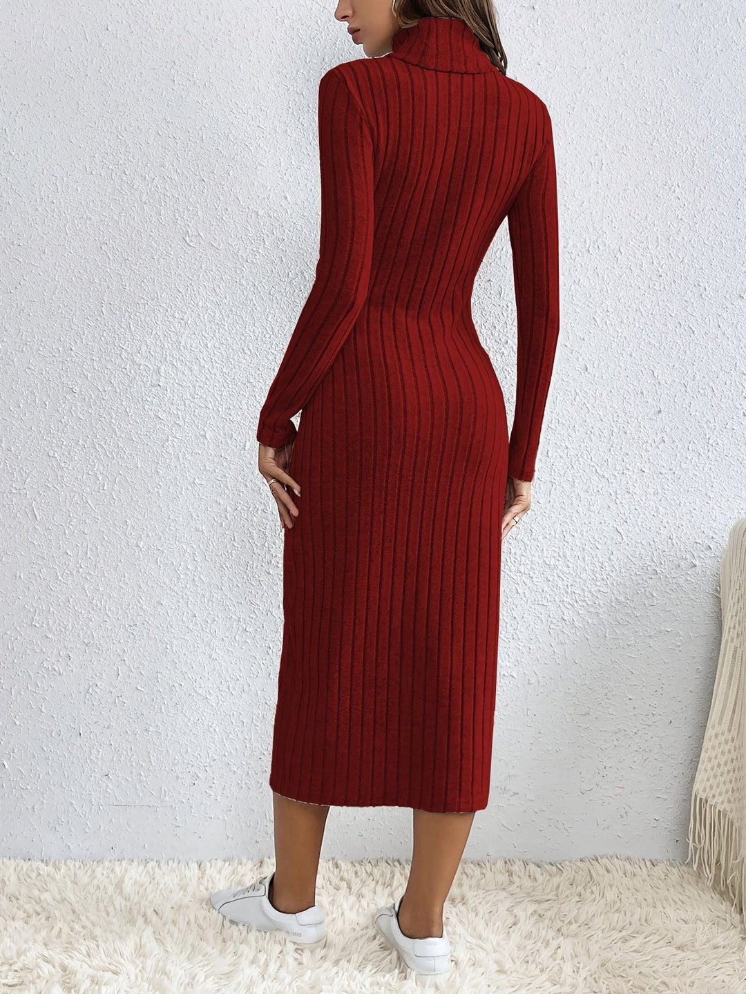 Elvira Women’s Knit Dress – Long Sleeve Turtleneck Ribbed Midi