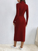 Elvira Damen Strickkleid – Langarm Rollkragen Geripptes Midikleid