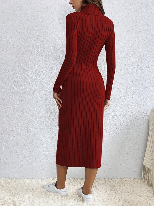 Elvira Women’s Knit Dress – Long Sleeve Turtleneck Ribbed Midi