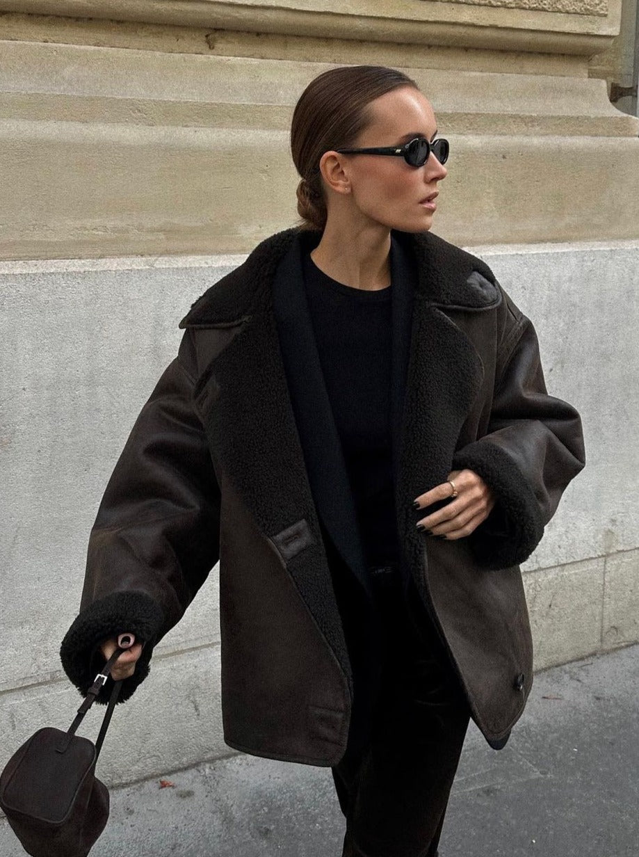 Alessia Women’s Shearling Coat – Short Double Breasted Winter Jacket