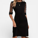 Dames Zwarte Kantjurk Elegant Metelhoge Mouwen Ronde Hals