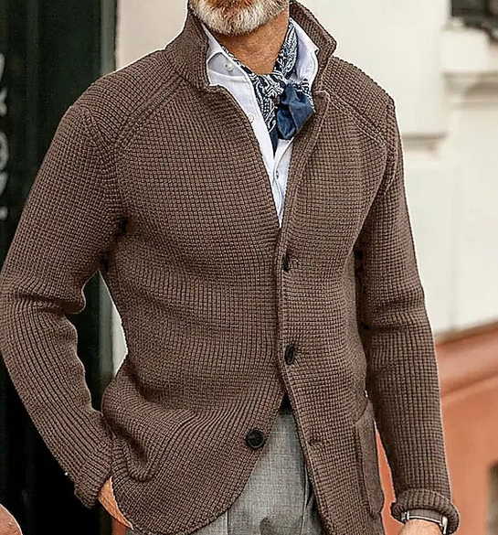 Harrison Men’s Knit Cardigan – Button-Up with Suede Details