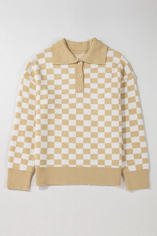 Rosalin - Women's V-Neck Sweater with Checkered Design and Buttons