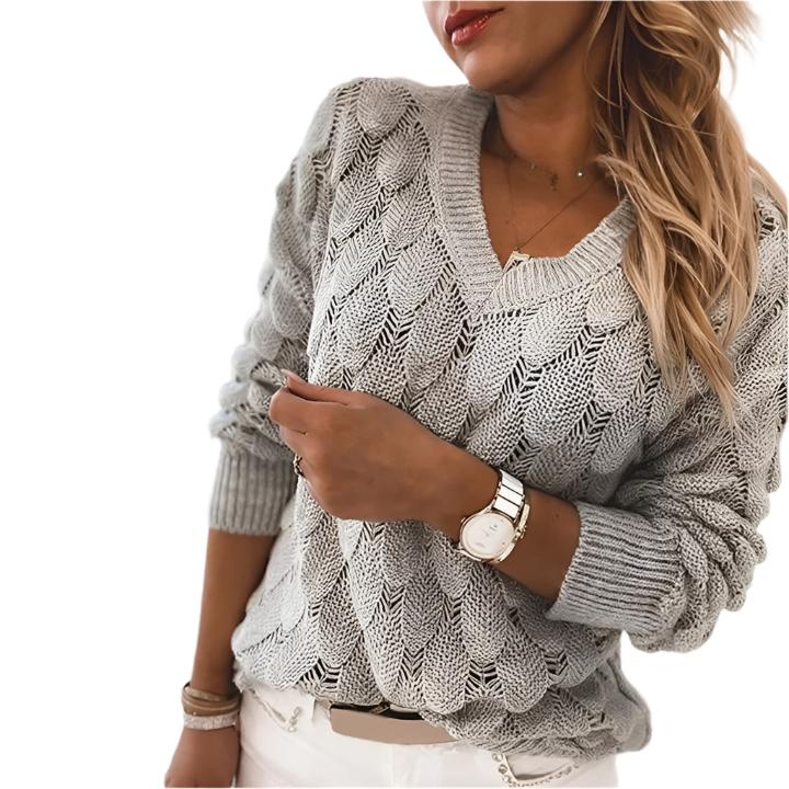 Elena Women’s Textured Knit Sweater – V-Neck Long Sleeve Pullover