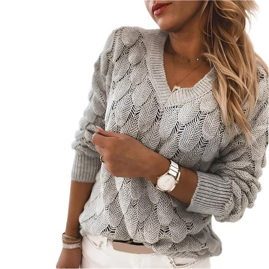 Elena Women’s Textured Knit Sweater – V-Neck Long Sleeve Pullover