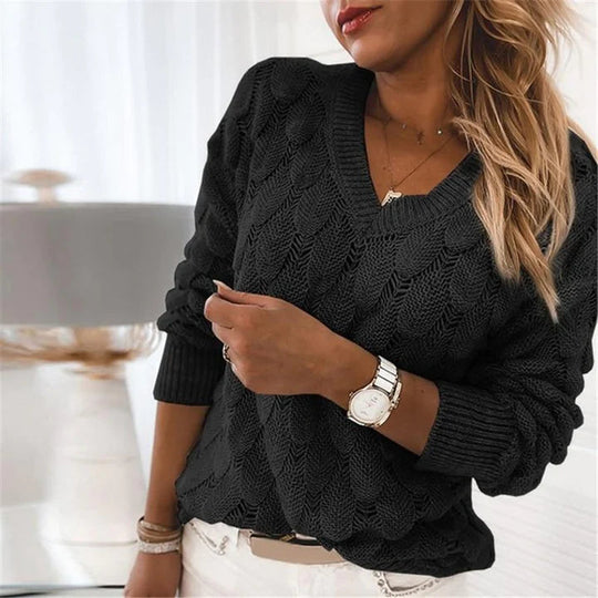Elena Women’s Textured Knit Sweater – V-Neck Long Sleeve Pullover