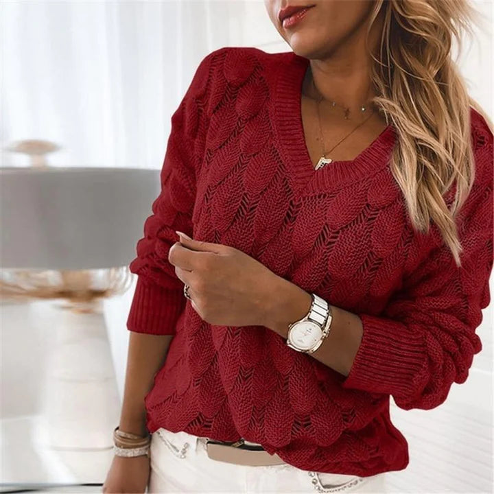 Elena Women’s Textured Knit Sweater – V-Neck Long Sleeve Pullover