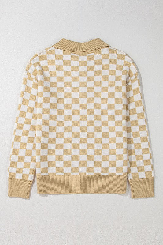 Rosalin - Women's V-Neck Sweater with Checkered Design and Buttons