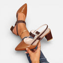 Women’s Leather Slingback Heels Block Heel Pointed Toe