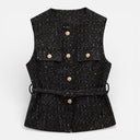 Women’s Tweed Waistcoat Belted Sleeveless Button Front Vest