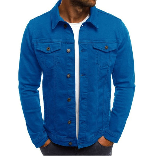 Blue denim jacket worn by a person on a white background