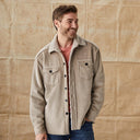 Man wearing a beige sherpa-lined jacket against a beige wall