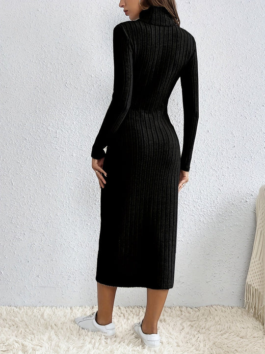 Elvira Women’s Knit Dress – Long Sleeve Turtleneck Ribbed Midi