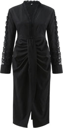 Barclay & Bloom | Damen Langarm Midi Kleid – Spitzenbesatz Drapierter Vorderteil Elegantes Kleid