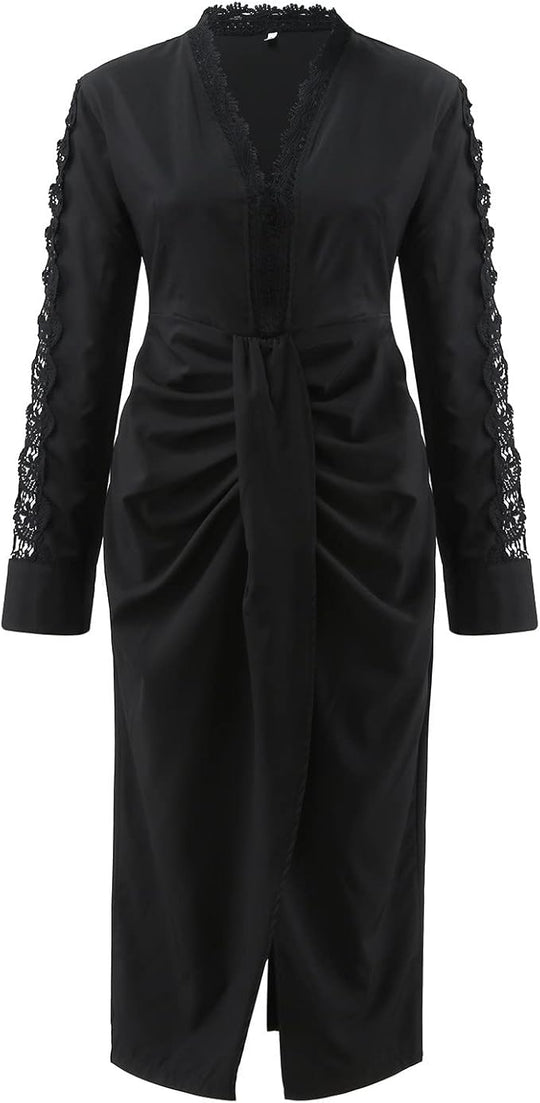 Barclay & Bloom | Women’s Long Sleeve Midi Dress – Lace Trim Draped Front Elegant Dress