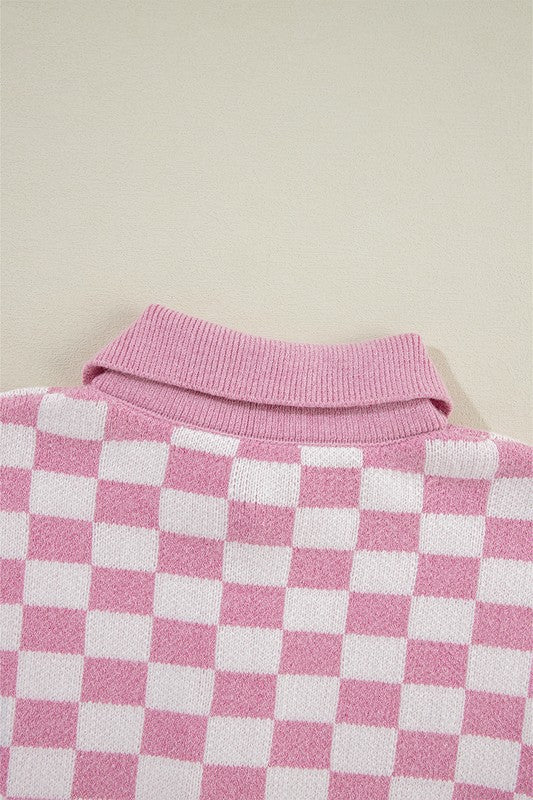 Rosalin - Women's V-Neck Sweater with Checkered Design and Buttons