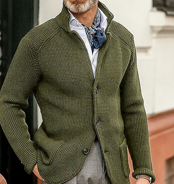 Harrison Men’s Knit Cardigan – Button-Up with Suede Details