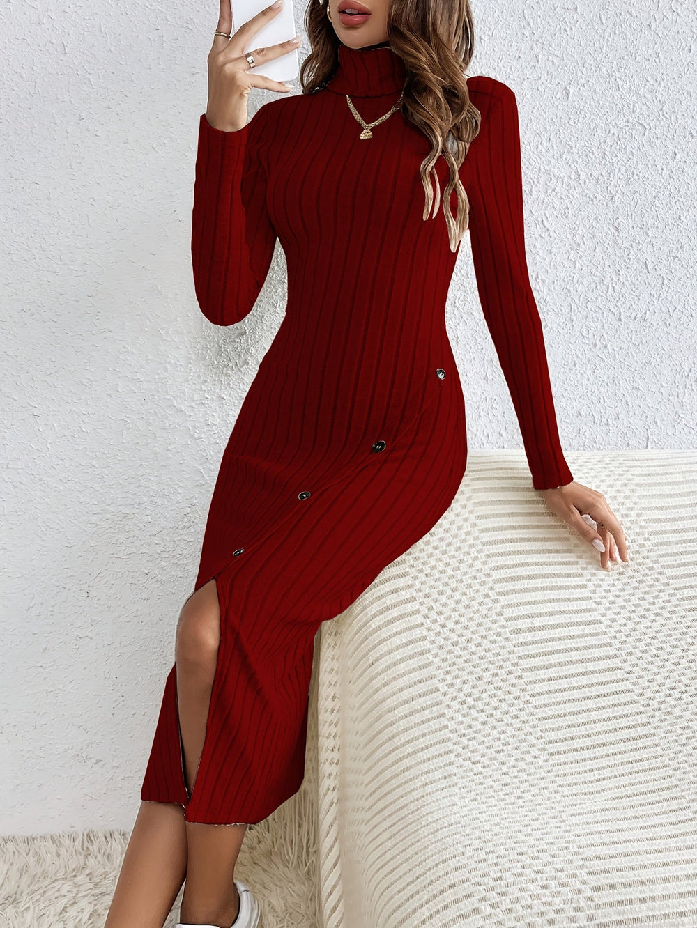 Elvira Women’s Knit Dress – Long Sleeve Turtleneck Ribbed Midi