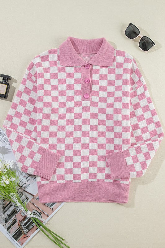 Rosalin - Women's V-Neck Sweater with Checkered Design and Buttons