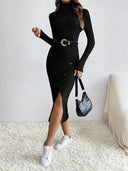 Elvira Damen Strickkleid – Langarm Rollkragen Geripptes Midikleid