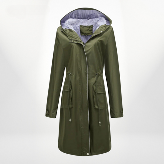 Green raincoat with a hood on a white background