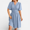 Women’s Pastel V-Neck Midi Dress Fitted Waist Elegant