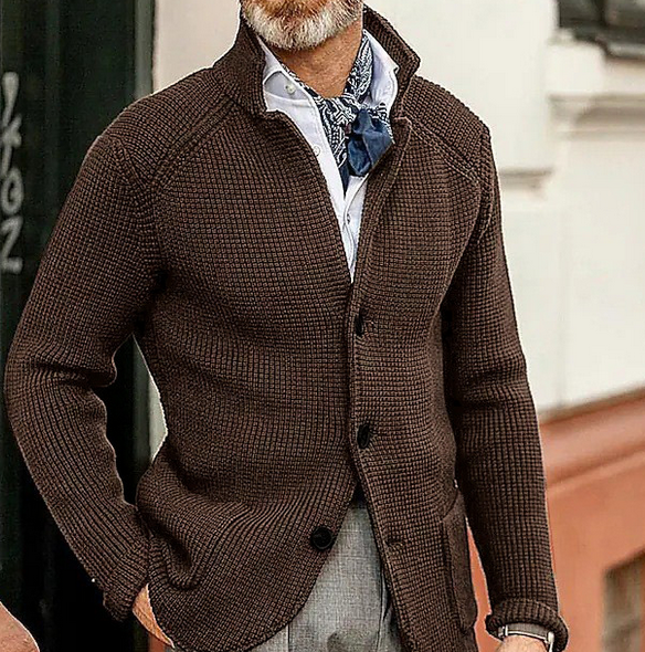 Harrison Men’s Knit Cardigan – Button-Up with Suede Details