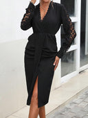 Barclay & Bloom | Damen Langarm Midi Kleid – Spitzenbesatz Drapierter Vorderteil Elegantes Kleid