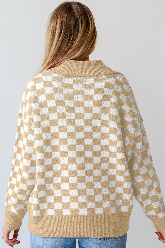Rosalin - Women's V-Neck Sweater with Checkered Design and Buttons