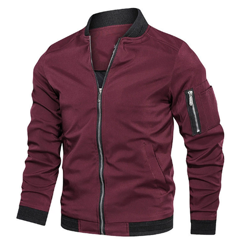 Maroon jacket with black accents on a white background