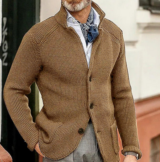 Harrison Men’s Knit Cardigan – Button-Up with Suede Details