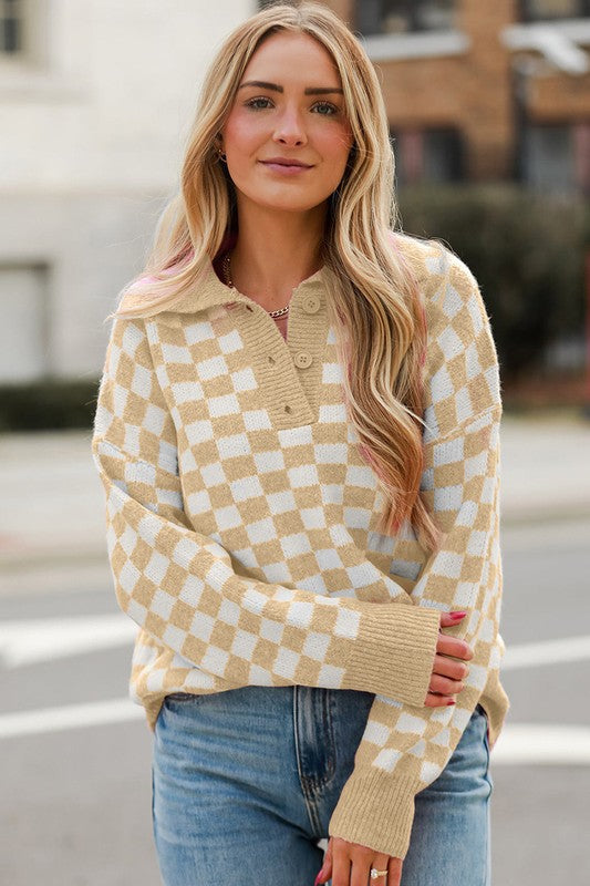 Rosalin - Women's V-Neck Sweater with Checkered Design and Buttons