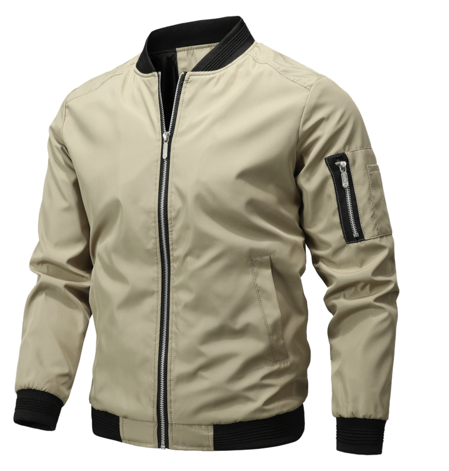 Beige bomber jacket with black accents on a white background
