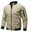 Beige bomber jacket with black accents on a white background