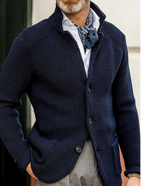 Harrison Men’s Knit Cardigan – Button-Up with Suede Details
